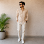 Premium Beige Striped Linen Blend Shirt